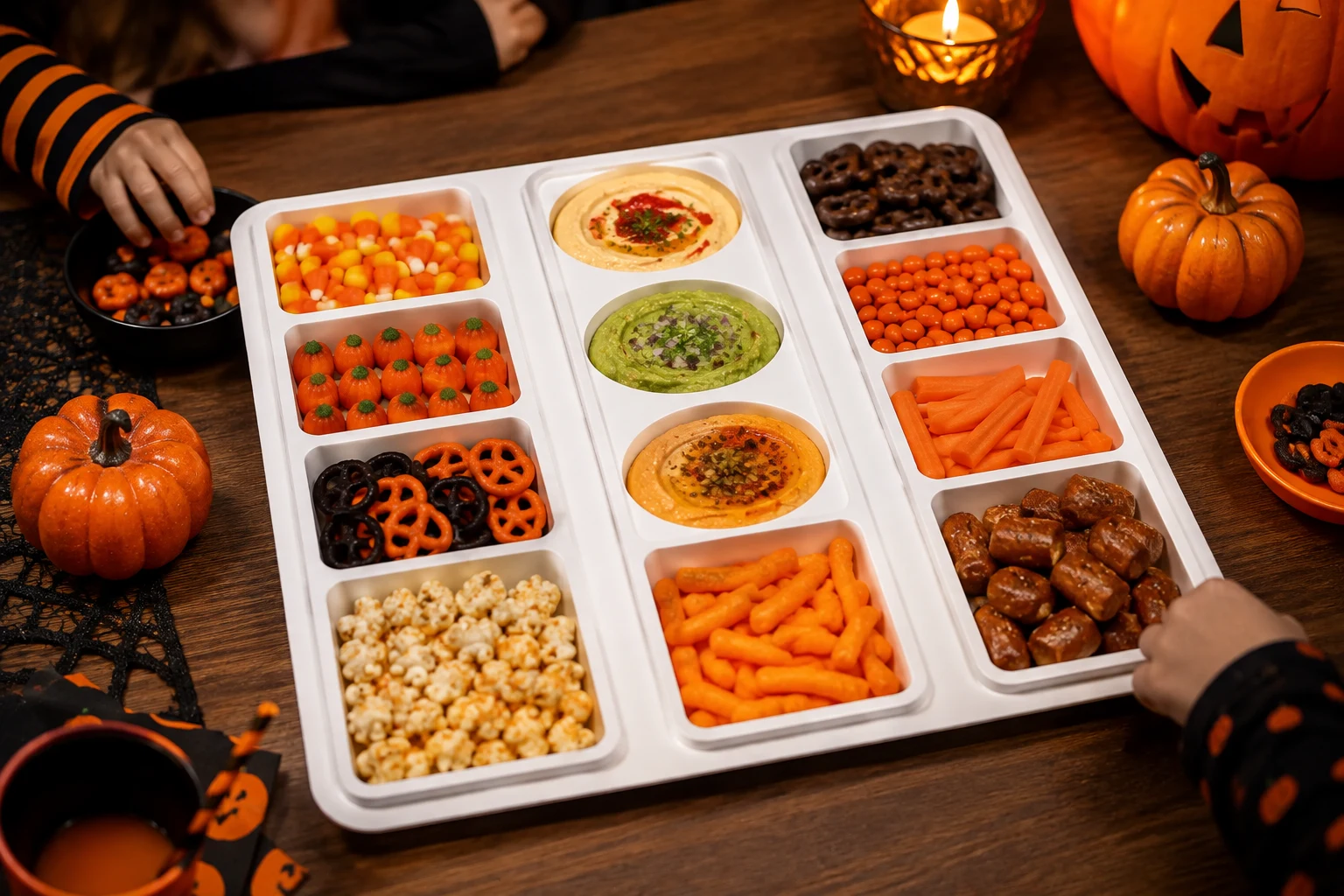Halloween candy, playful snacks, and dips in the white trifold tray, surrounded by small pumpkins