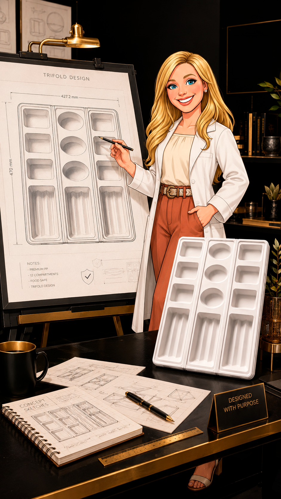 Caricature of Lisa presenting the Throwaway Buffet tray design in her studio