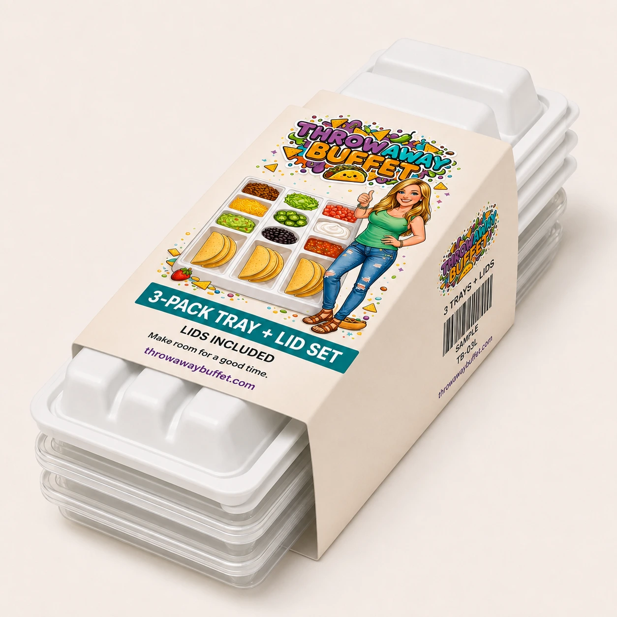 Throwaway Buffet 3-pack tray and lid set in its branded sleeve